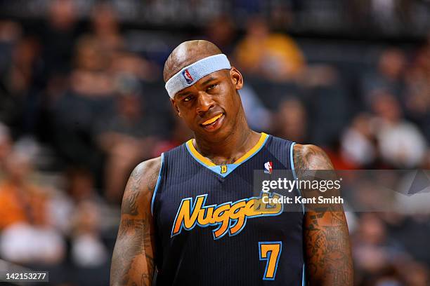 Al Harrington of the Denver Nuggets plays against the Charlotte Bobcats at the Time Warner Cable Arena on March 30, 2012 in Charlotte, North...