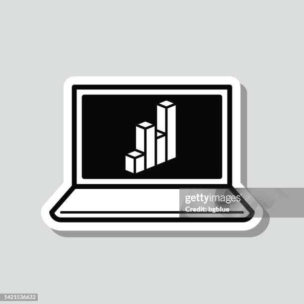 laptop with 3d chart. icon sticker on gray background - high level icon stock illustrations