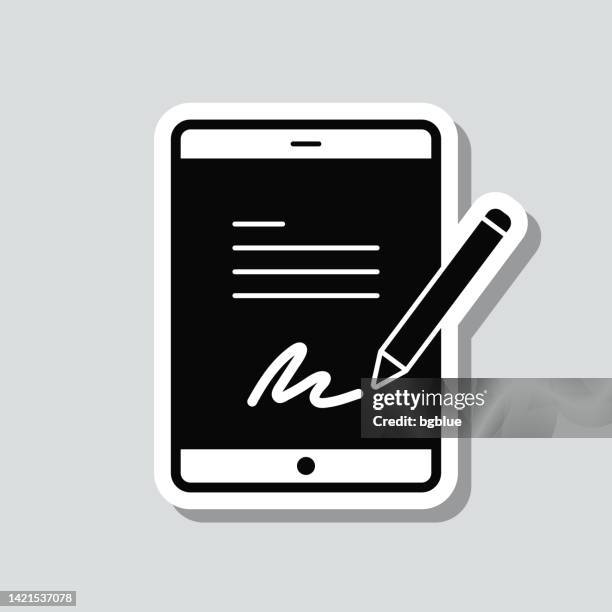 electronic signature on tablet pc. icon sticker on gray background - using tablet isolated stock illustrations