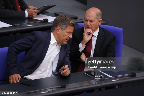 German Chancellor Olaf Scholz and Economy and Climate Action Minister Robert Habeck attend fiery debates at the Bundestag over the next federal...