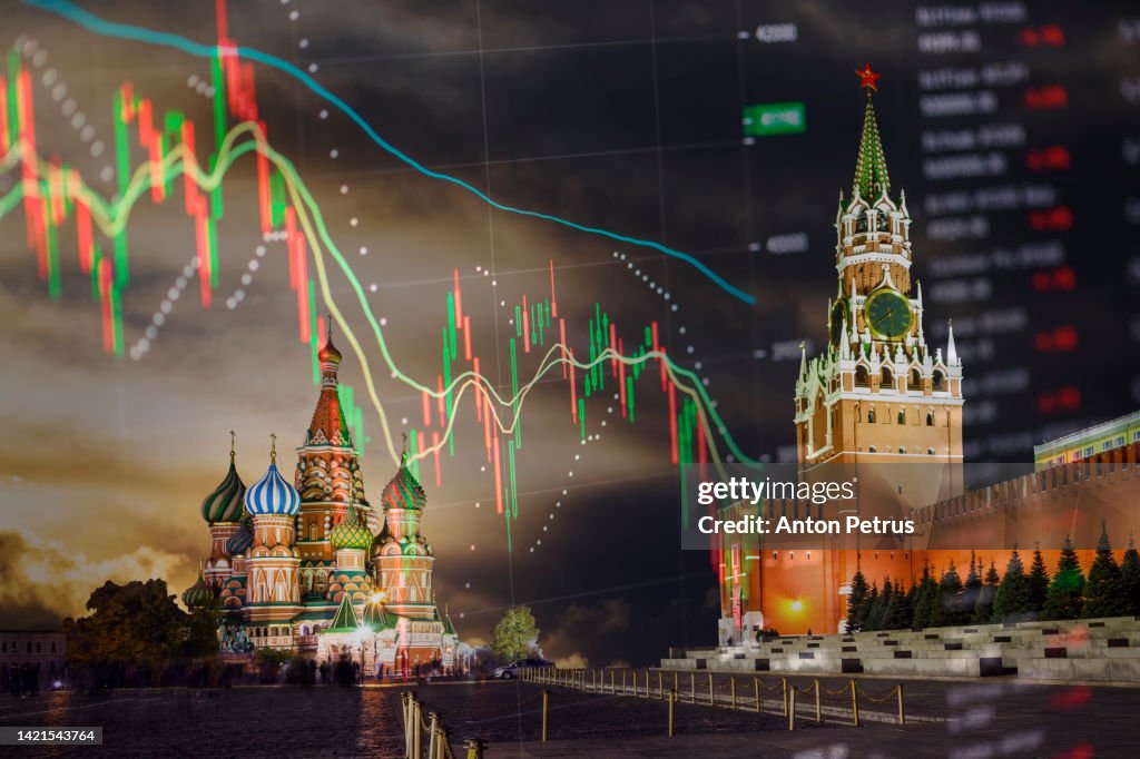 Moscow Kremlin on the background of stock charts. Economic crisis. Russia, Red Square