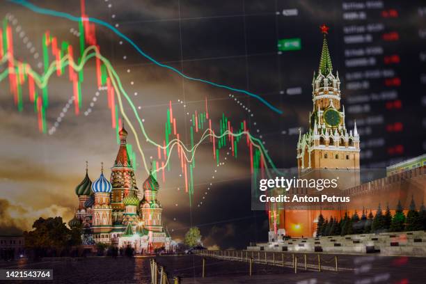 moscow kremlin on the background of stock charts. economic crisis. russia, red square - ryssland bildbanksfoton och bilder