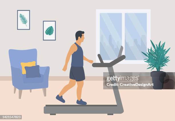 stockillustraties, clipart, cartoons en iconen met young man walking on treadmill in living room. sports at home - treadmill