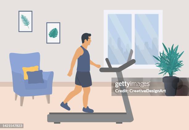 young man walking on treadmill in living room. sports at home - cosy background stock illustrations