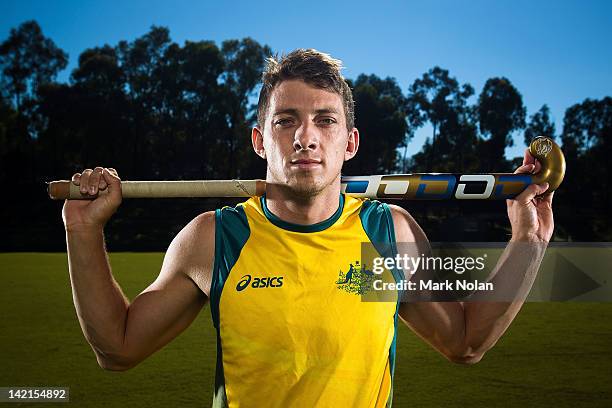 Simon Orchard poses during an Australian Men's Kookaburras hockey portrait session at AIS on March 30, 2012 in Canberra, Australia.