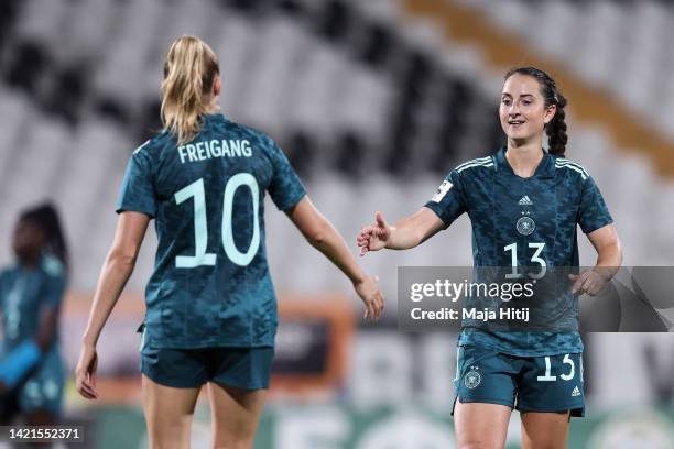 Sara Daebritz and Laura Freigang of Germany react after to the FIFA Women's World Cup 2023 Qualifier group H match between Bulgaria and Germany at...