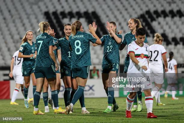 Lea Schueller of Germany celebrates with teammates after scoring her team's goal duringthe FIFA Women's World Cup 2023 Qualifier group H match...