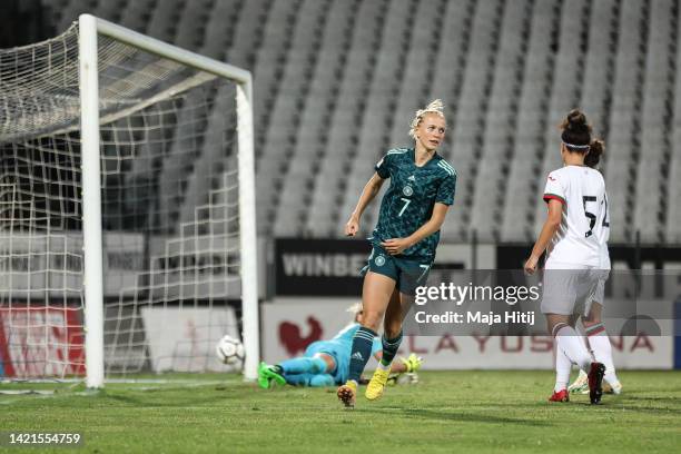 Lea Schueller of Germany celebrates with teammates after scoring her team's goal during the FIFA Women's World Cup 2023 Qualifier group H match...