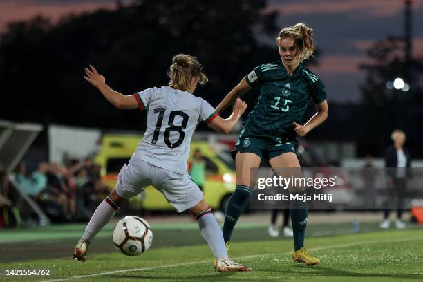 Sjoeke Nuesken and Kristiana Karaivanova of Bulgaria battle for possession during the FIFA Women's World Cup 2023 Qualifier group H match between...