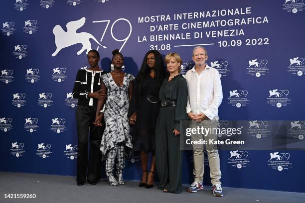 Kayije Kagame, director Alice Diop, Guslagie Malanda, Aurélia Petit and Xavier Maly attend the photocall for "Saint Omer" at the 79th Venice...
