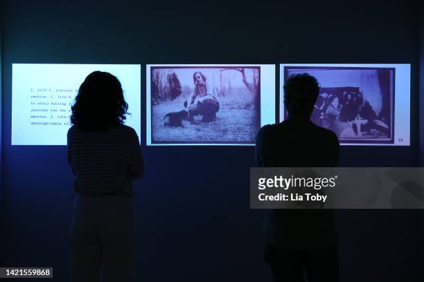 People observe the Carolee Schneemann's "Body Politics" Installation at Barbican Art Gallery on September 06, 2022 in London, England.