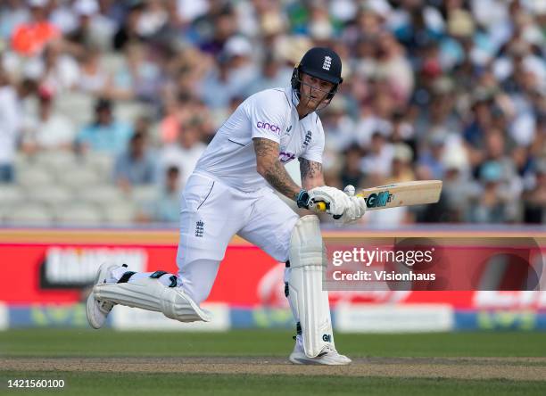 Ben Stokes of England batting during day two of the Second LV= Insurance Test Match between England and South Africa at Old Trafford on August 26,...