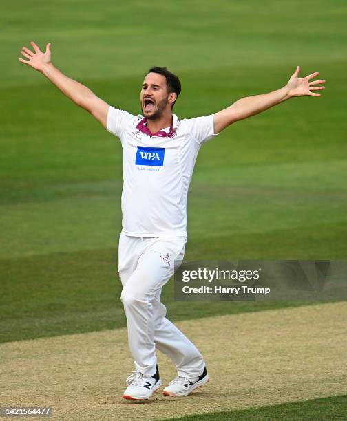 Lewis Gregory of Somerset unsuccessfully appeals for the LBW of Marcus Harris of Gloucestershire during Day Three of the LV= Insurance County...