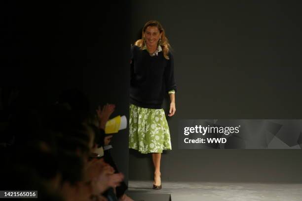 Designer Miuccia Prada walks down the runway at the Spring 2003 Prada show in Milan.