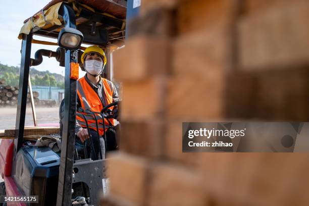 female forklift driver in lumber mill - logging mill stock pictures, royalty-free photos & images