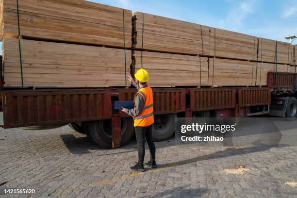 female inspector is counting the lumber on the truck - madera material de construcción fotografías e imágenes de stock