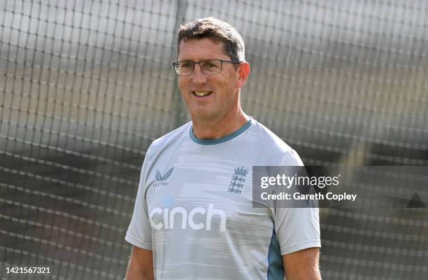 England bowling coach Jon Lewis during a nets session at the Kia Oval on September 07, 2022 in London, England.