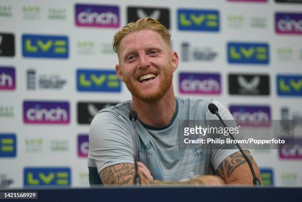 Ben Stokes of England laughs during a press conference at the Kia Oval before the third Test against South Africa on September 07, 2022 in London,...