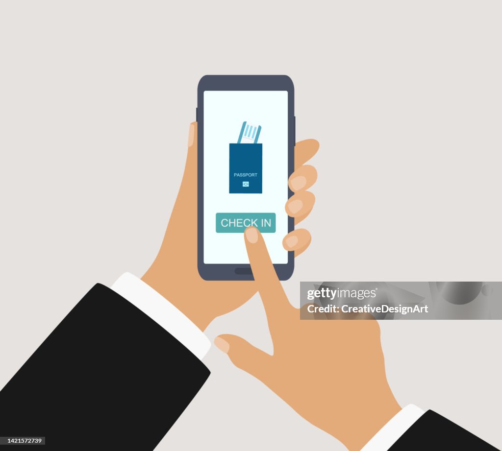 Online Check in Button And Airplane Ticket On Mobile Phone Screen. Online Check in Concept