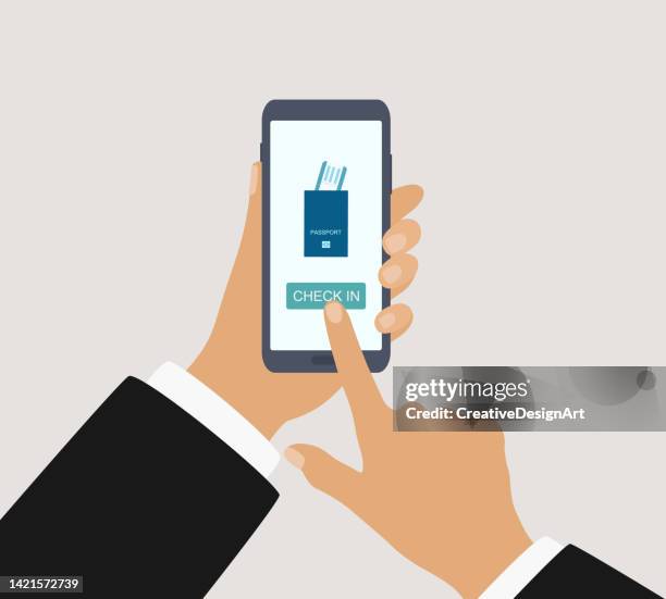 online check in button and airplane ticket on mobile phone screen. online check in concept - airport check in counter stock illustrations