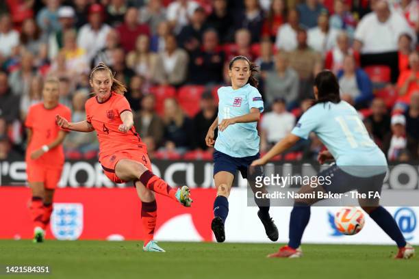 Keira Walsh of England in action during the FIFA Women's World Cup 2023 Qualifier group D match between England and Luxembourg at Bet365 Stadium on...