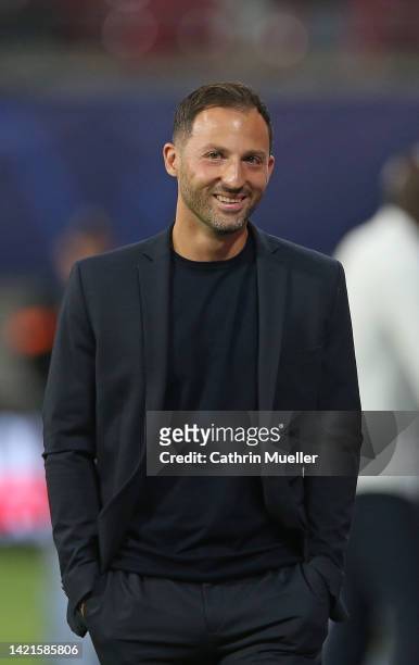 Domenico Tedesco, head coach of RB Leipzig reacts prior to the UEFA Champions League group F match between RB Leipzig and Shakhtar Donetsk at Red...