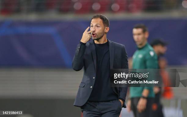 Domenico Tedesco, head coach of RB Leipzig gestures during the UEFA Champions League group F match between RB Leipzig and Shakhtar Donetsk at Red...