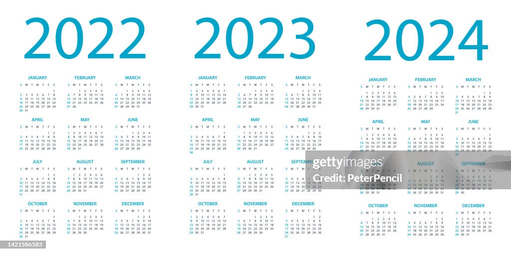Calendars 2022 2023 2024 - Symple Layout Illustration. Week starts on Sunday. Calendar Set for 2022 2023 2024 year