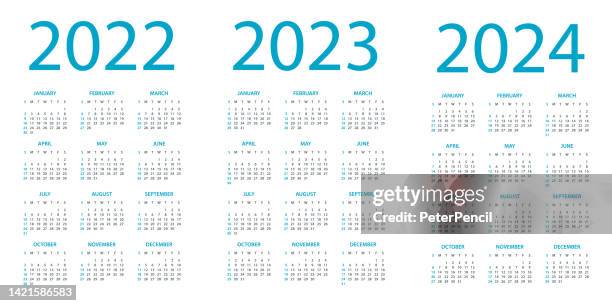 calendars 2022 2023 2024 - symple layout illustration. week starts on sunday. calendar set for 2022 2023 2024 year - portrait plain background stock illustrations