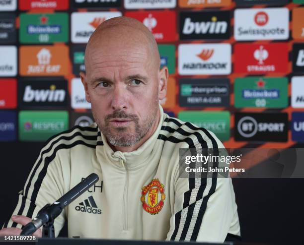 Manager Erik ten Hag of Manchester United speaks during a press conference at Carrington Training Ground on September 07, 2022 in Manchester, England.
