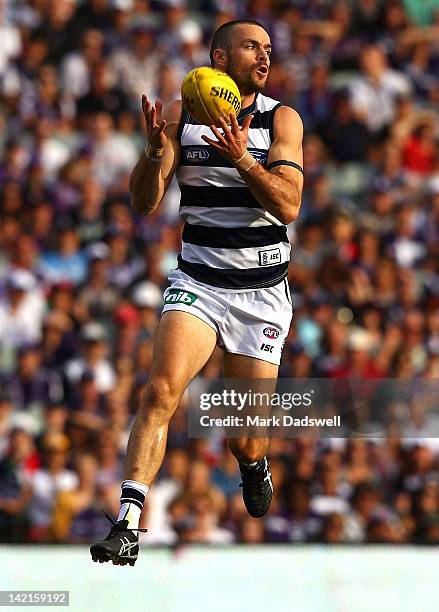 Matthew Scarlett of the Cats gathers the ball during the round one AFL match between the Fremantle Dockers and the Geelong Cats at Patersons Stadium...