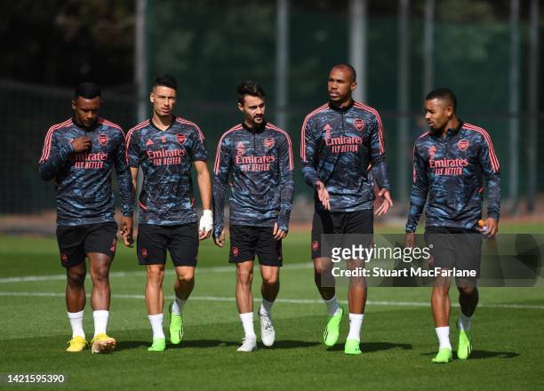 Marquinhos, Gabriel Martinelli, Fabio Vieira, Gabriel and Gabriel Jesus of Arsenal during a training session at London Colney on September 07, 2022...