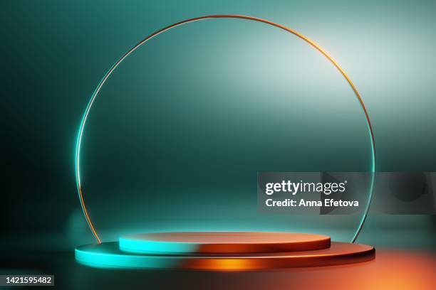 3d podium in green and orange colors - 3d scene minimal stock pictures, royalty-free photos & images