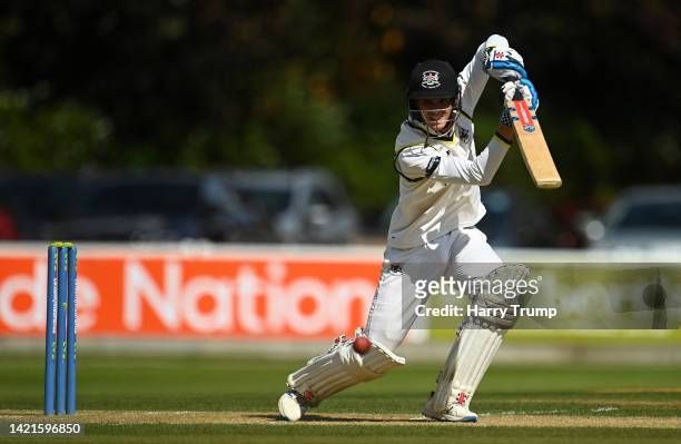 Ollie Price of Gloucestershire plays a shot during Day Three of the LV= Insurance County Championship match between Somerset and Gloucestershire at...