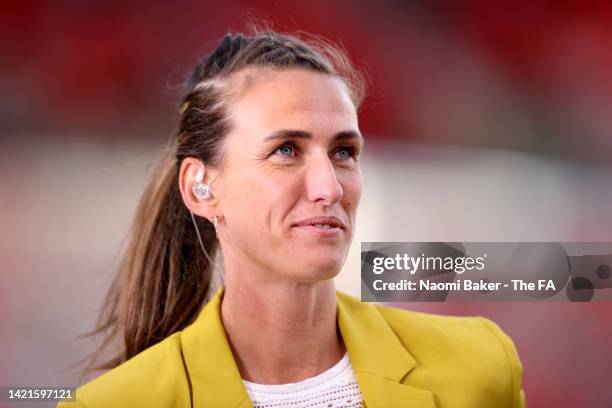 Former England player Jill Scott is seen speaking with ITV during the FIFA Women's World Cup 2023 Qualifier group D match between England and...