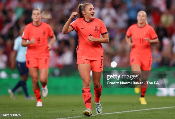 Georgia Stanway of England celebrates after scoring their team's first goal from the penalty spot during the FIFA Women's World Cup 2023 Qualifier...