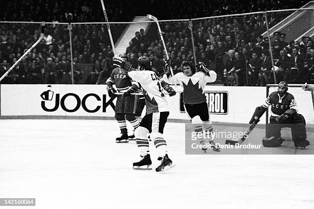 Paul Henderson and Bobby Clarke of Team Canada celebrate Henderson's second period goal in Game Five of the 1972 Summit Series between Canada and the...