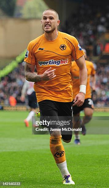 Michael Kightly of Woves celebrates his goal during the Barclays Premier League match between Wolverhapton Wanders and Bolton Wanderers at Molineux...