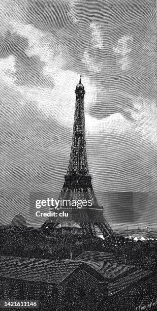 eiffel tower at night after a thunderstorm - eiffel tower stock illustrations