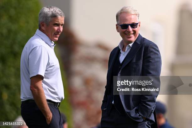 Jay Monahan, Commissioner of the PGA Tour and Keith Pelley, CEO of The European Tour Group and DP World Tour look on during the BMW PGA Championship...