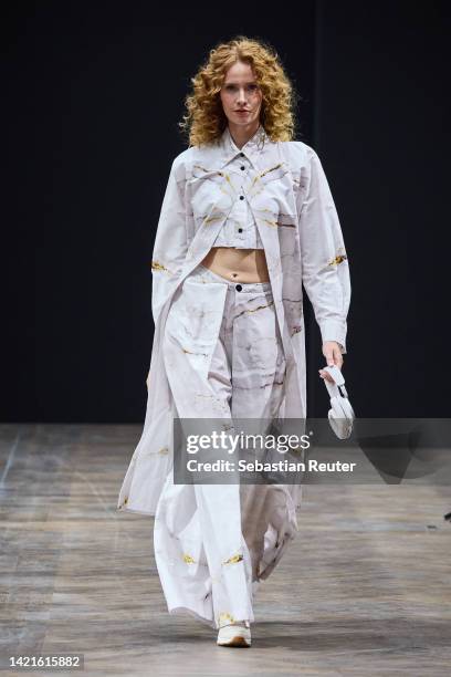 Model walks the runway at the Rebekka Ruétz show during the Mercedes-Benz Fashion Week Berlin Spring Summer 2023 at Telegraphenamt on September 07,...