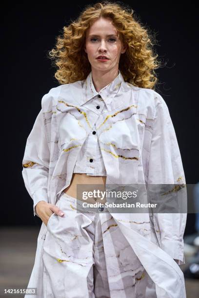 Model walks the runway at the Rebekka Ruétz show during the Mercedes-Benz Fashion Week Berlin Spring Summer 2023 at Telegraphenamt on September 07,...