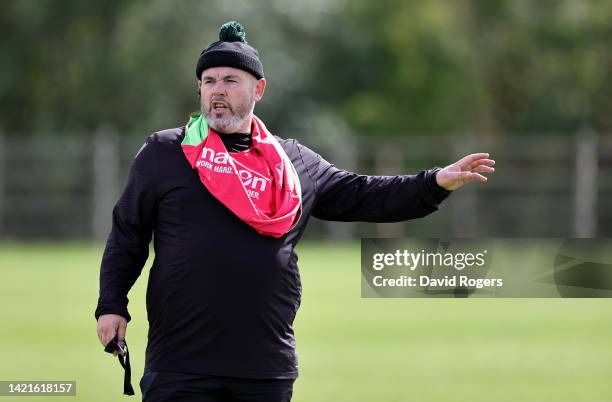 Matt Ferguson, scrum coach looks on during the Northampton Saints training session held at Franklin's Gardens on September 07, 2022 in Northampton,...