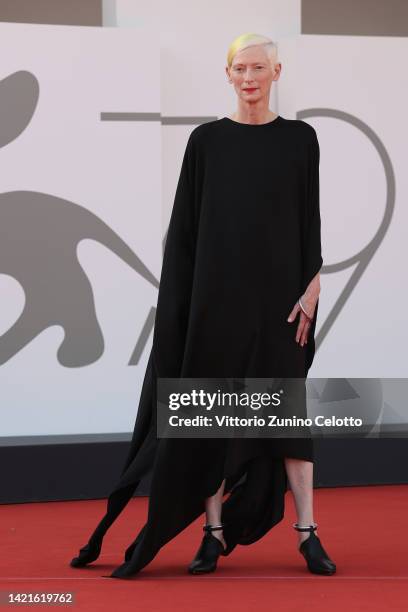 Tilda Swinton attends the "Saint Omer" red carpet at the 79th Venice International Film Festival on September 07, 2022 in Venice, Italy.