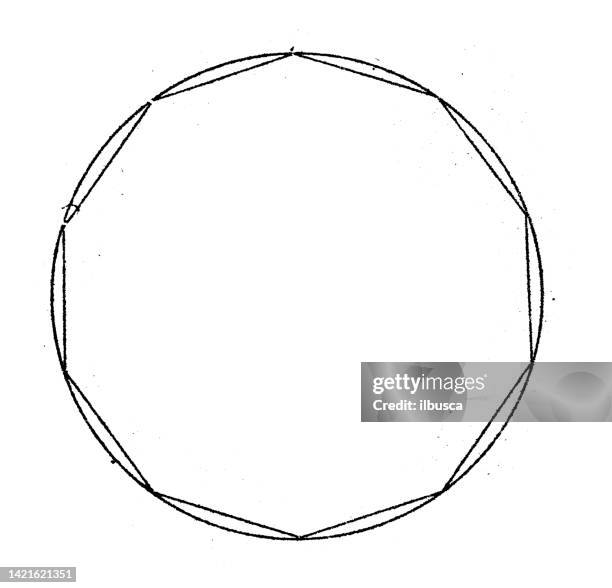antike illustration, mathematik und geometrie: regelmäßige polygon- und kreismessung - mathematical-function stock-grafiken, -clipart, -cartoons und -symbole