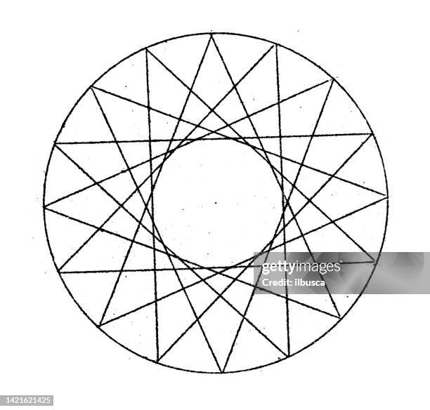 antike illustration, mathematik und geometrie: regelmäßige polygon- und kreismessung - mathematical-function stock-grafiken, -clipart, -cartoons und -symbole