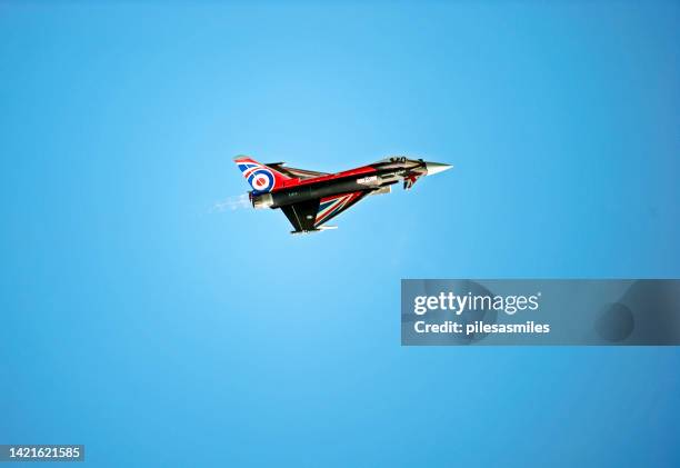 typhoon eurofighter shows topside in blue sky - eurofighter typhoon stock pictures, royalty-free photos & images