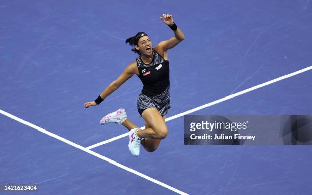 Caroline Garcia of France celebrates defeating Coco Gauff of the United States during their Women’s Singles Quarterfinal match on Day Nine of the...