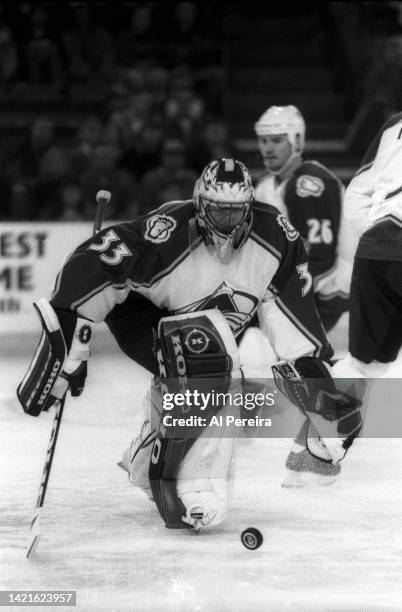 Goaltender Patrick Roy of the Colorado Avalanche makes a save against the St. Louis Blues in the game between the St. Louis Blues vs the Colorado...