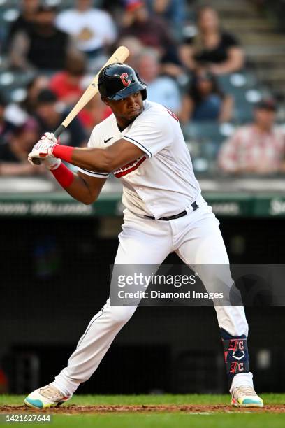Oscar Gonzalez of the Cleveland Guardians bats during the fourth inning against the Baltimore Orioles at Progressive Field on September 01, 2022 in...